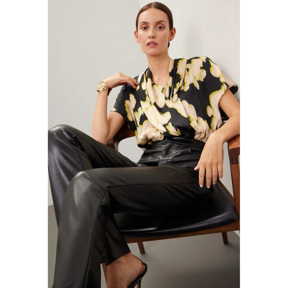 Tanya Taylor Black Cream Floral Silk Blend Halter Tie Back Draped Blouse Large